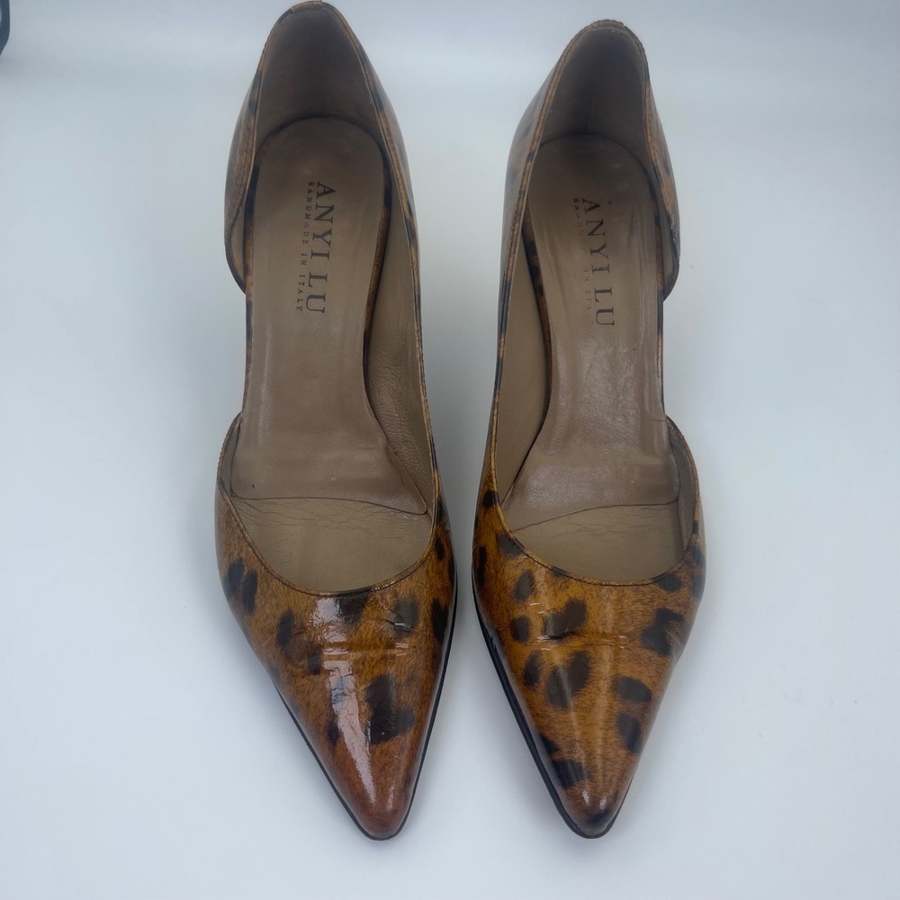 Anyi Lu Leopard Print Pumps Womens 39 Brown Good Leather d'Orsay Pointed Toe